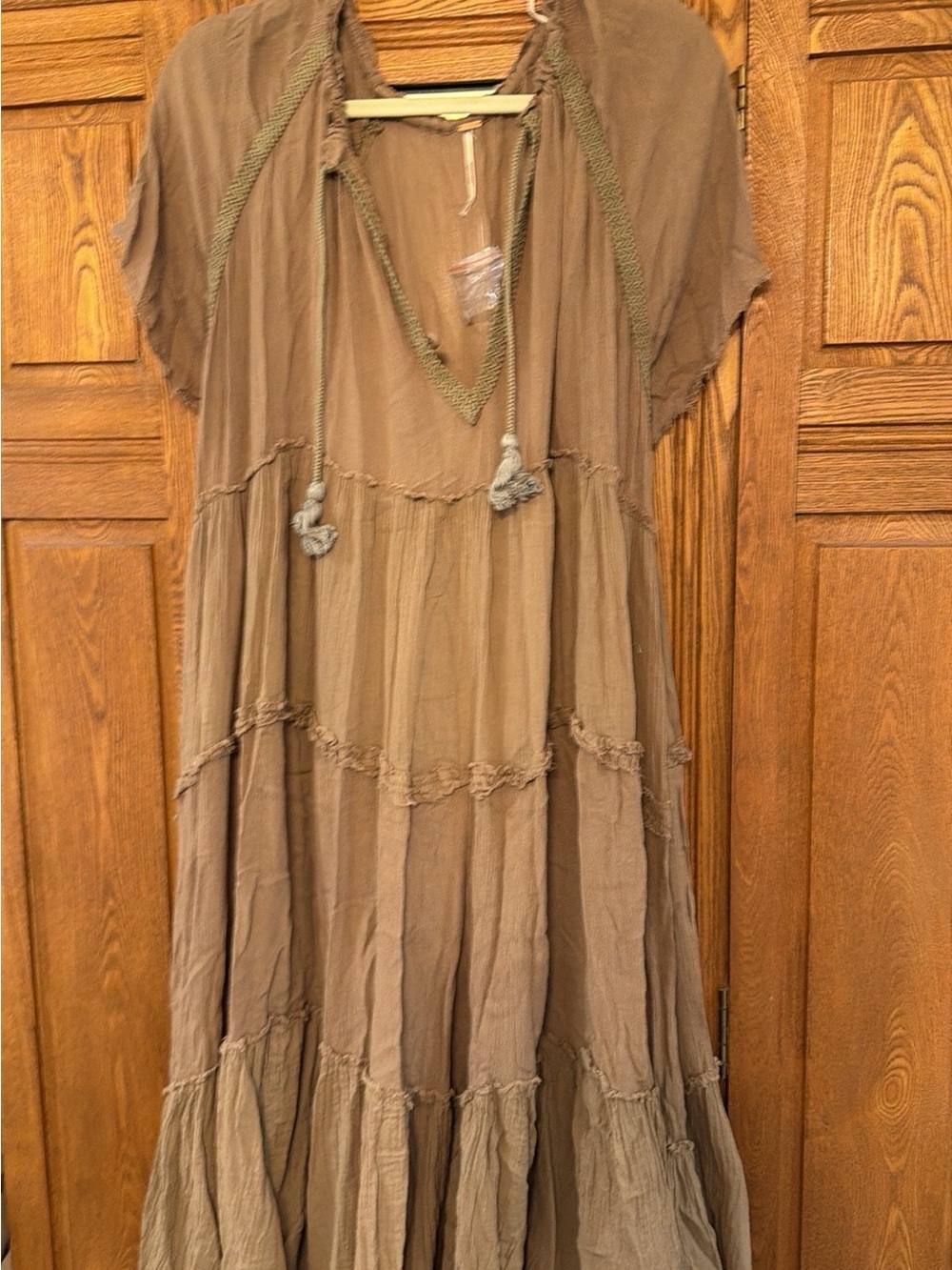 Free People Taupe Tiered Midi Dress with Tassel V-Neck